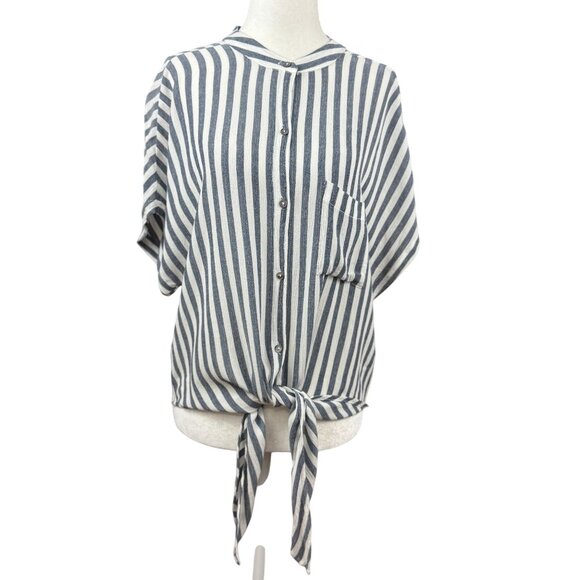 NEW Lulus Womens M Blue White Vertical Stripe Button-Up Tie Front Tunic Top Chic - Picture 7 of 10